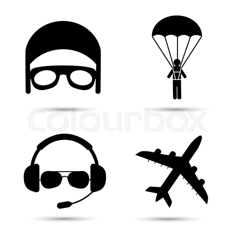 800x800 Skydiver On Parachute, Pilot, Airplane Silhouette. Black Icons Of