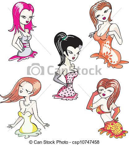 417x470 Retro Pin Up Girls. Set Of Color Vector Illustrations.