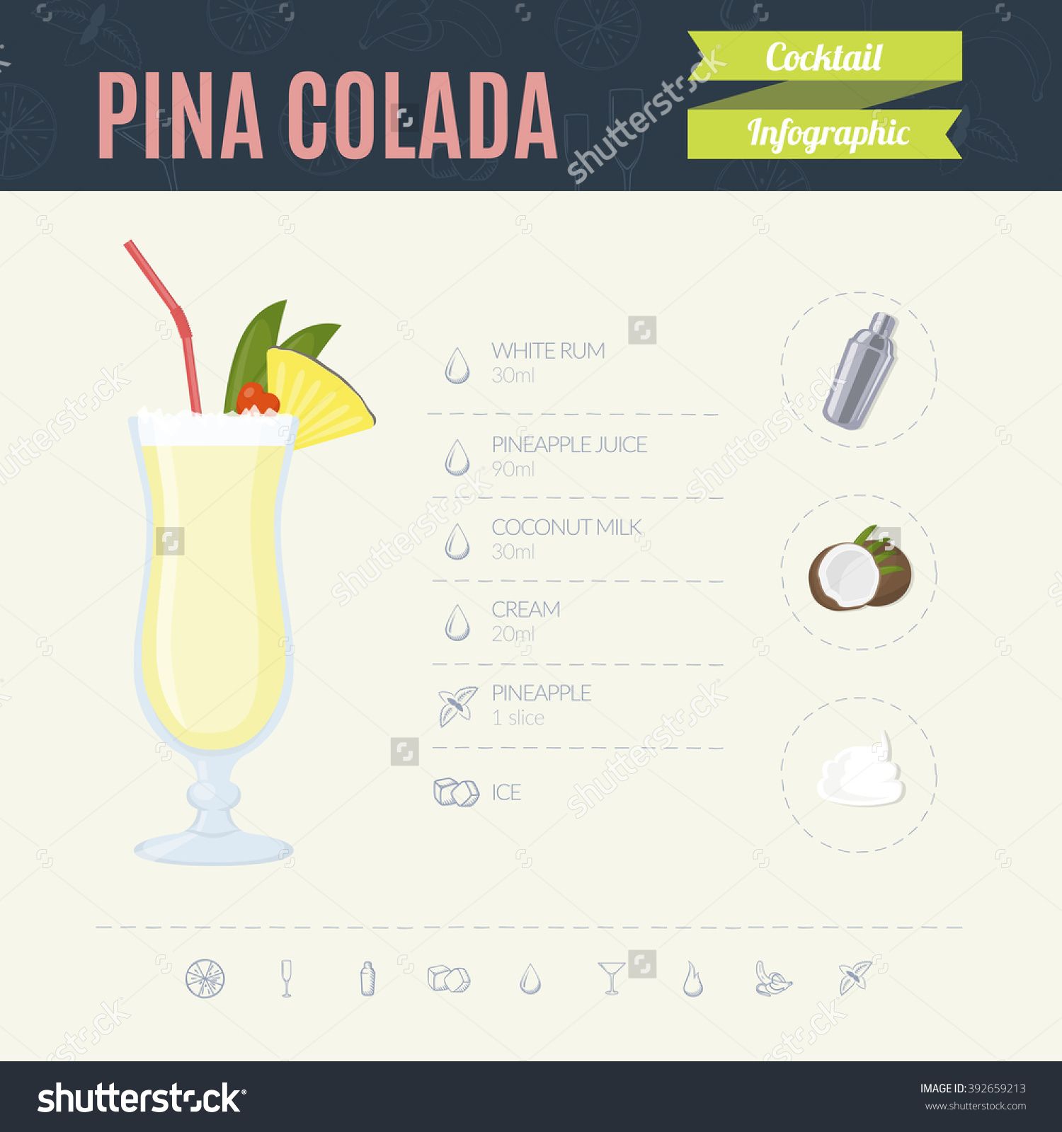 1500x1600 Pina Colada. Cocktail Infographic Set. Vector Illustration