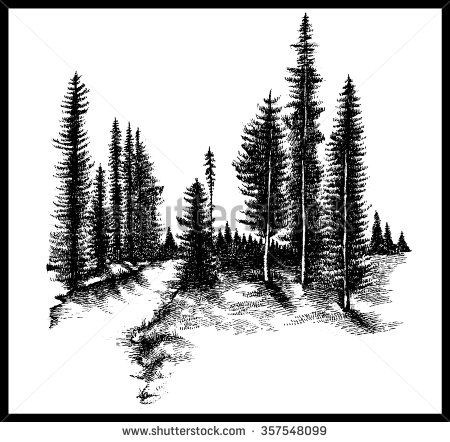 450x442 Mountain Forest Pine Trees River Hand Drawn Vector Illustration