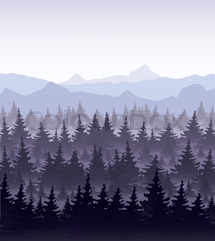 714x800 Vector Illustration Of Pine Forest In Fog On Mountains Background