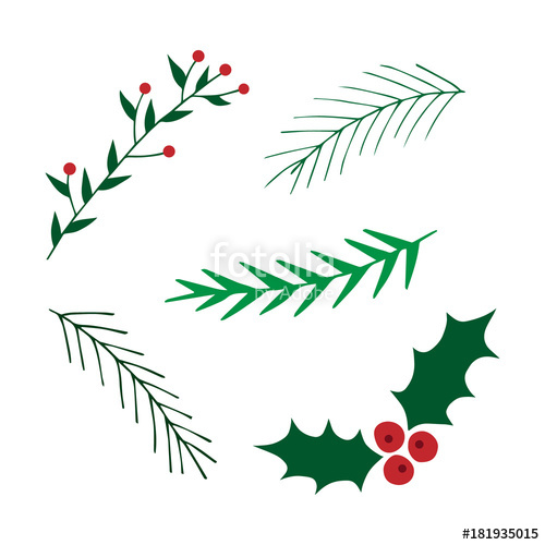 500x500 Hand Drawn Christmas Set. Mistletoe And Leavy Branches Vector