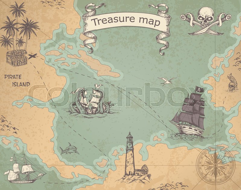 799x632 Vintage Vector Pirate Map With Sailing Vessels. Ancient Treasure