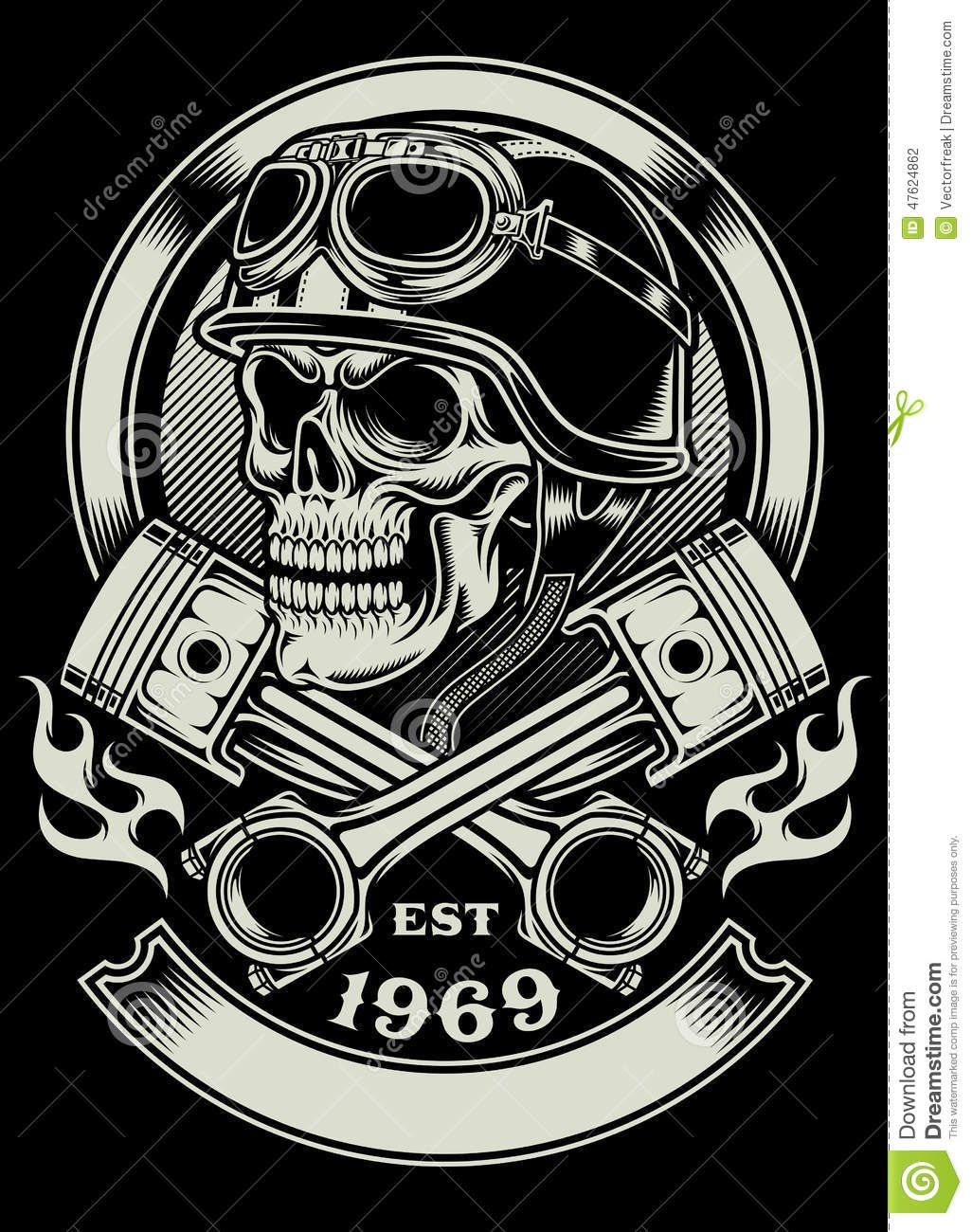 1026x1300 Vintage Biker Skull With Crossed Piston Emblem Stock Vector