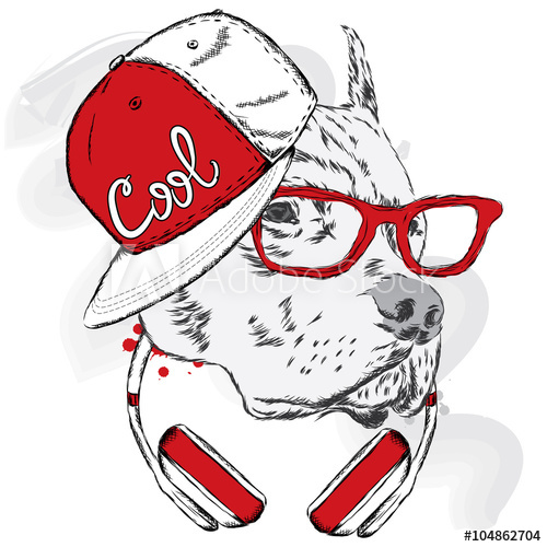 500x500 Pitbull In Cap And Headphones. Dog Vector. Cool Dog.