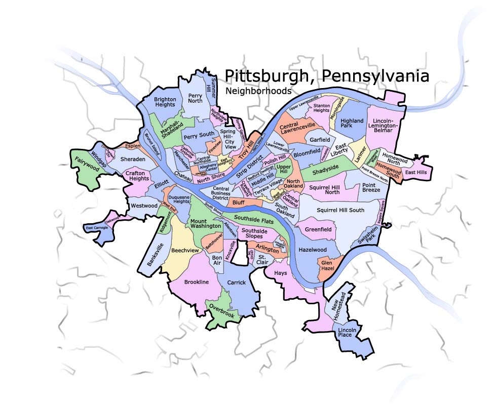 973x800 Free Vector Map Pittsburgh, Pennsylvania, Adobe Illustrator