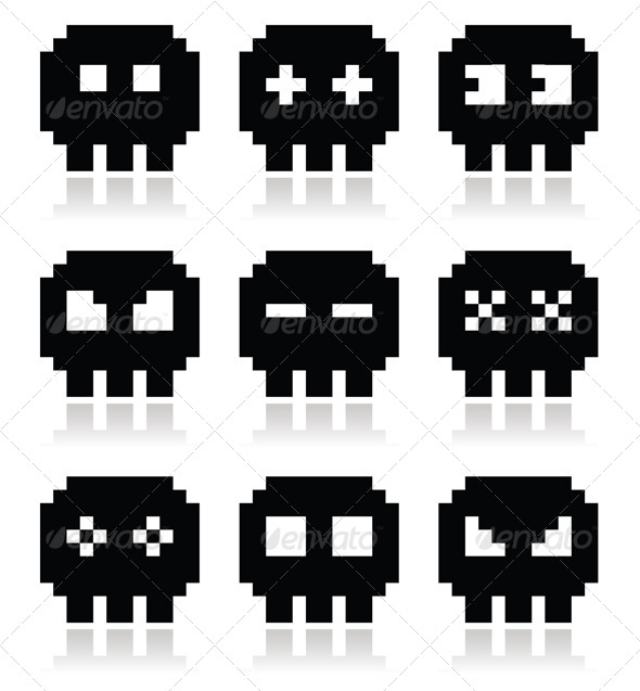 590x637 Pixelated 8bit Skull Vector Icon Set By Redkoala Graphicriver