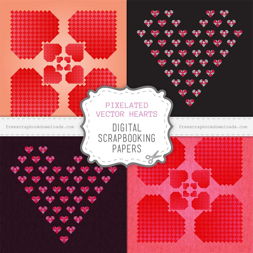 865x865 Pixelated Valentine Heart Scrapbook Papers