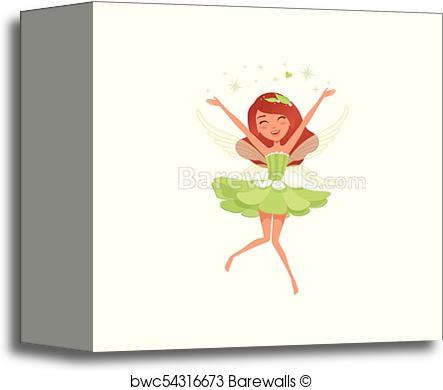 443x390 Canvas Print Of Magical Fairy In Beautiful Green Dress. Happy Girl