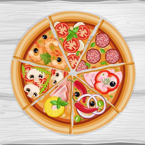 500x500 Pizza Slice And Wooden Background Vector Kitchen Graphics In