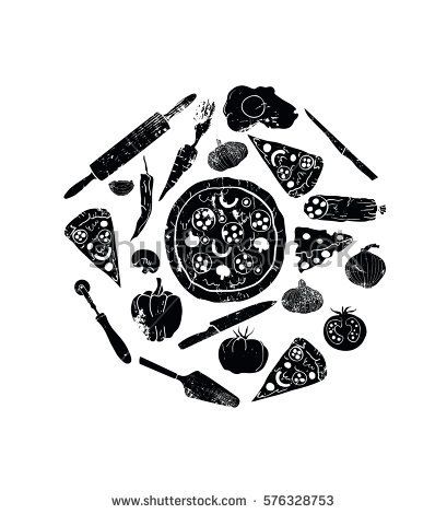 409x470 Vector Black Pizza Icon On White Background. Pizza Ingredients