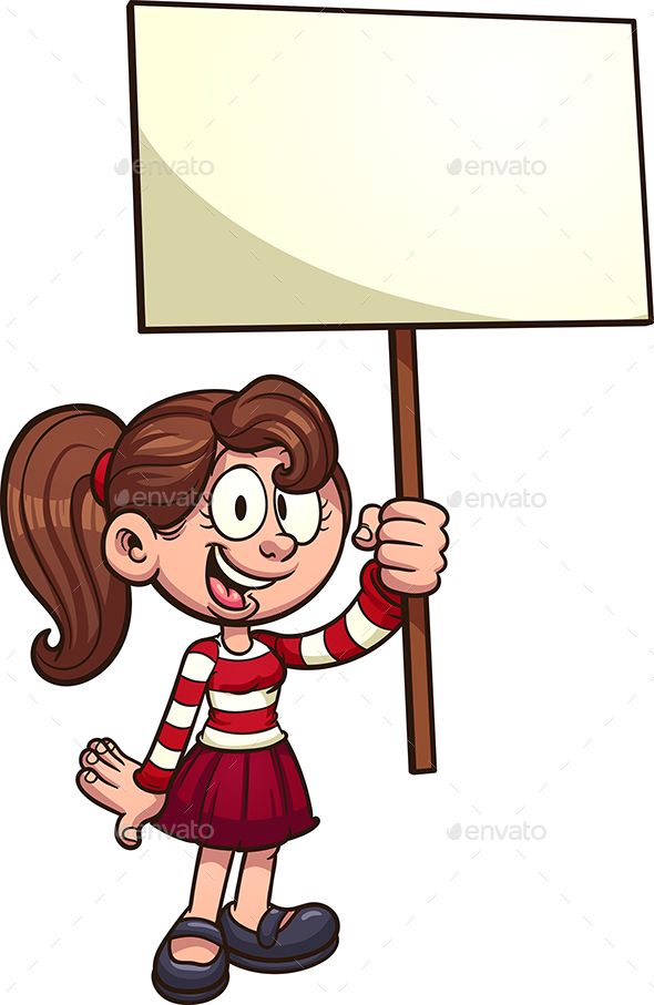 590x907 Cartoon Girl With Blank Placard. Vector Clip Art Illustration With