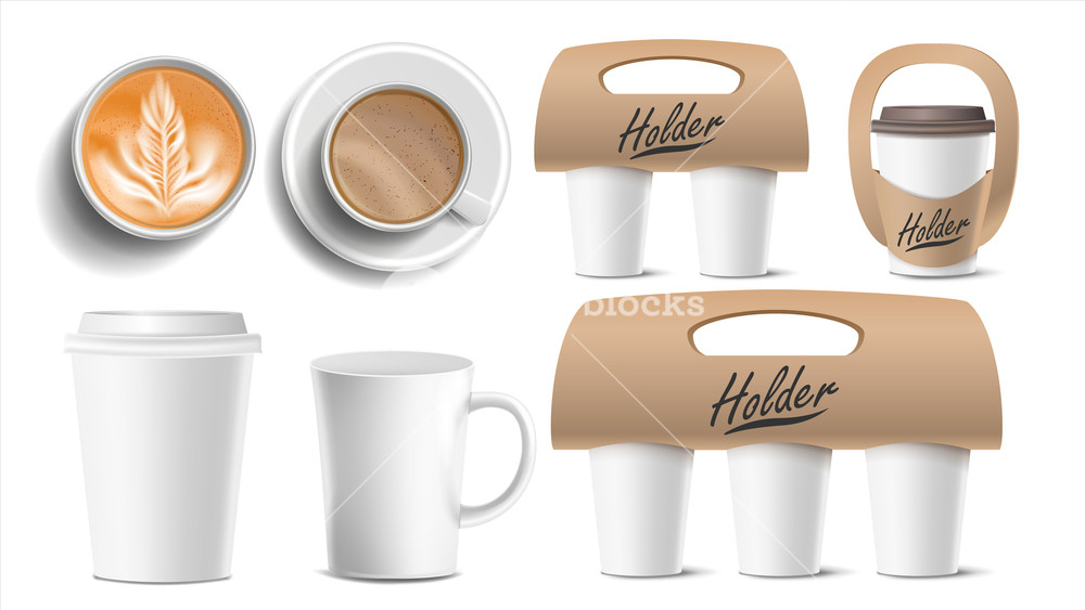 1000x563 Coffee Packaging Vector. Cups Mock Up. Ceramic And Paper, Plastic