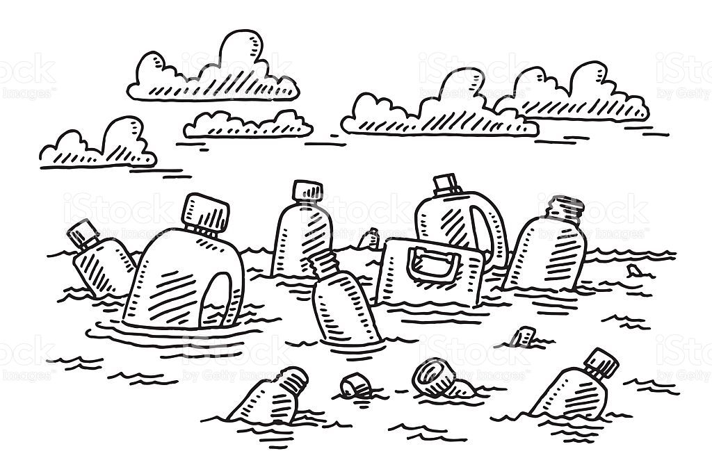 1024x682 Hand Drawn Vector Drawing Of Plastic Garbage Floating In Ocean