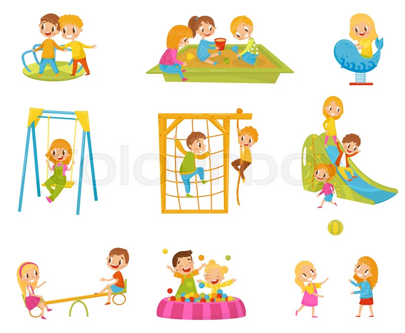 800x658 Happy Kids Playing Outdoors Set, Children On A Playground Vector