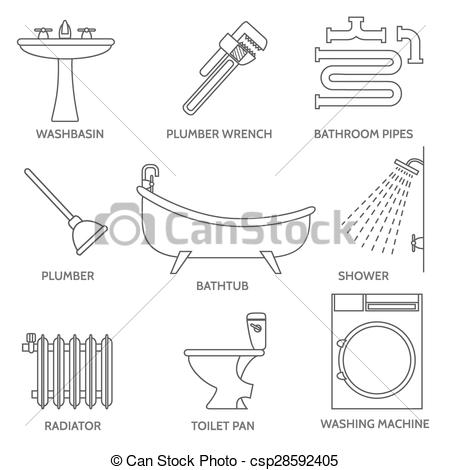 450x470 Vector Pipeline Plumbing Icons In Thin Line Style. Water And Pipe