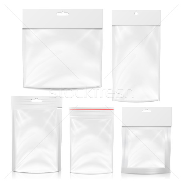 600x600 Plastic Polyethylene Pocket Bag Set Vector Blank. Realistic Mock