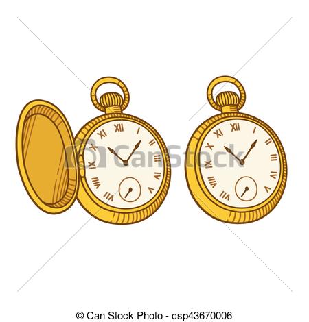 450x470 Antique Pocket Watch Illustration, Vintage Engraving Style.