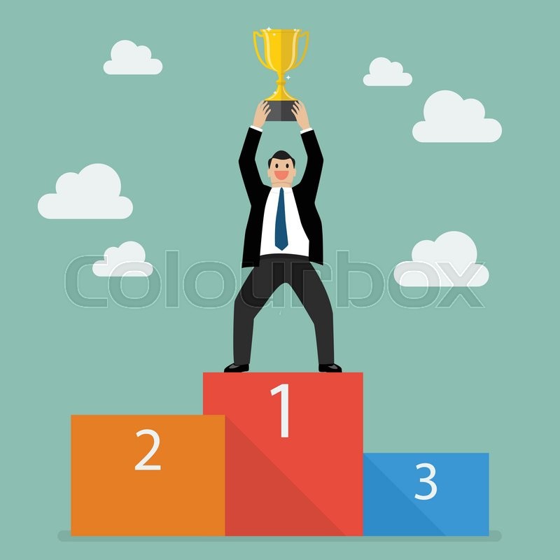 800x800 Winner Businessman With Winning Trophy Stand On A Podium Stock