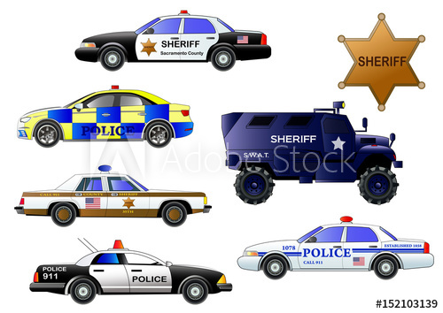 500x354 Police Cars, Vector Set. Armored Police Truck, Sheriff Badge, Cars
