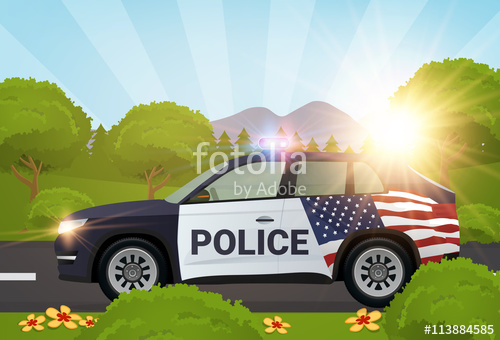 500x340 Police Car In The Nature With American Flag Vector Illustration