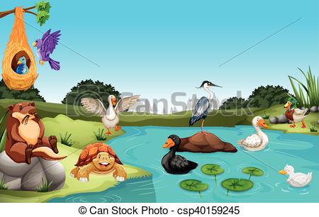 450x306 Many Animals Living By The Pond Illustration.