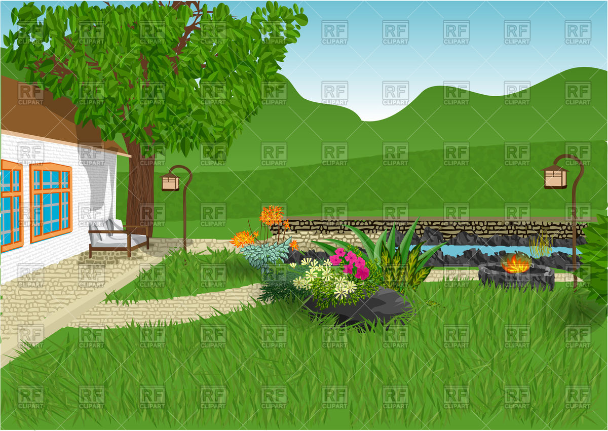 1200x851 Modern Home And Garden With Flowers And Small Pond Vector Image