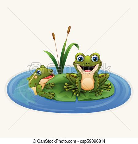 450x470 Vector Illustration Of Cute Frogs On A Leaf In The Pond.