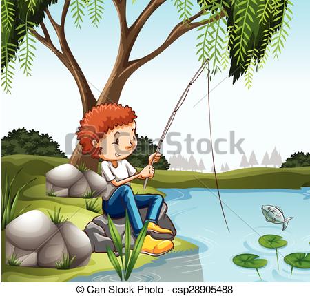 450x430 Young Boy Fishing In Pond Illustration.
