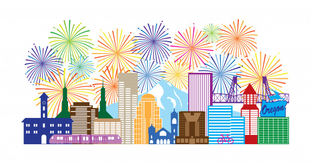 626x331 Portland Oregon Skyline Fireworks Color Illustration Vector