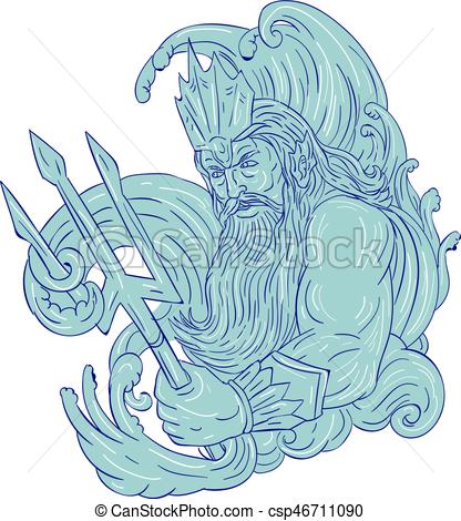 416x470 Poseidon Trident Waves Drawing. Drawing Sketch Style Illustration