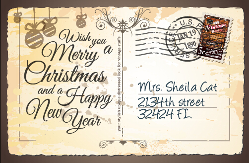 502x328 Vintage Merry Christmas Postcard Vectors Tamplate 06 Free Download