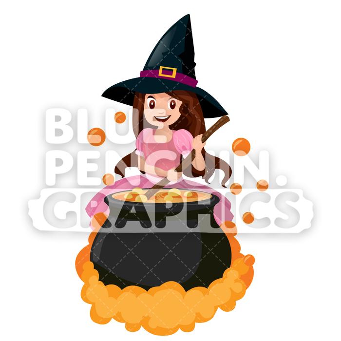 700x700 Cute Witch With Pot Vector Cartoon Clipart Illustration Blue