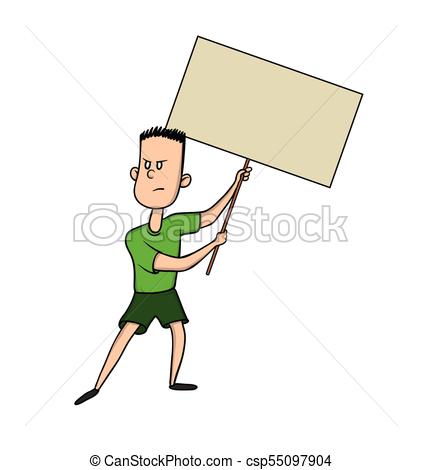 422x470 Young Man Holding Blank Protest Sign. Vector Illustration Isolated