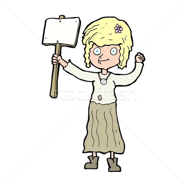 600x600 Cartoon Hippie Girl With Protest Sign Vector Illustration