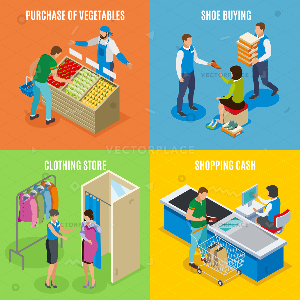 1000x1000 Shopping People Isometric Design Concept Purchase Vector