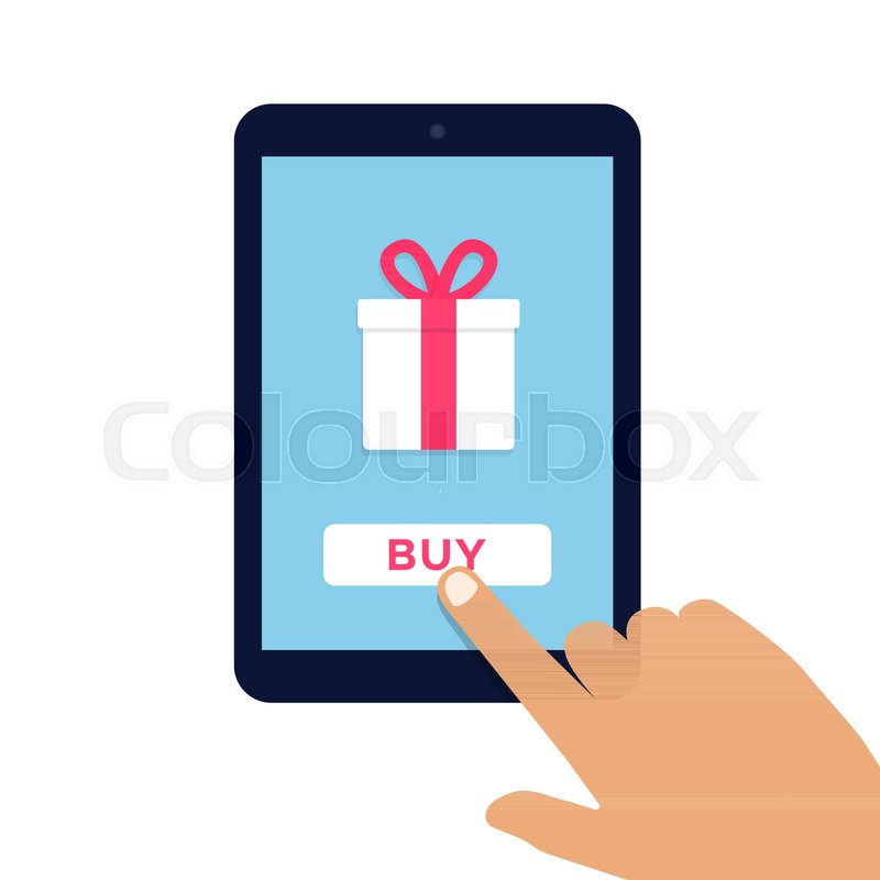 800x800 E Commerce Flat Vector Illustration. Man Push Buy Button On Tablet