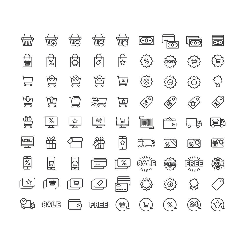 1000x1000 Vector Icons Set Shopping, Purchase, Sale, Discounts, Delivery Of