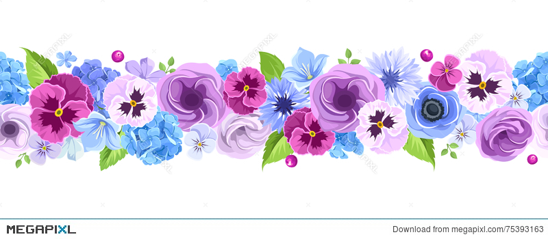 800x350 Horizontal Seamless Background With Blue And Purple Flowers