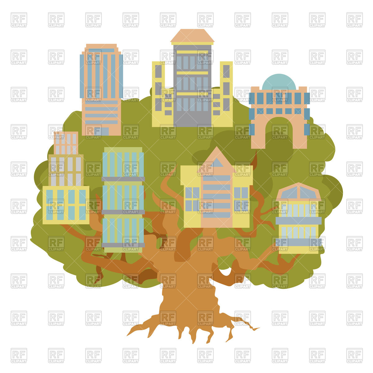 1200x1200 House On Tree. Office Buildings On Oak. Alligory New Residential