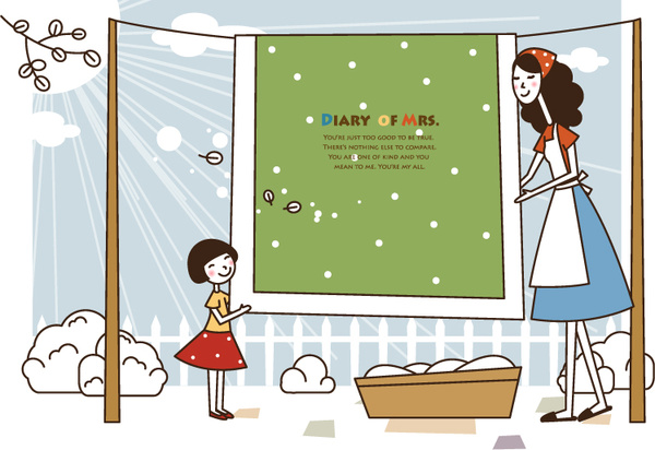 600x412 Mother And Daughter Drying The Quilt Vector Free Vector In