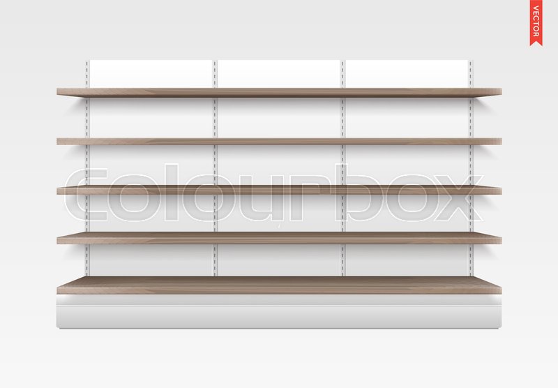 800x556 Empty Vector Store Shelves. Wood Material. Showcase Display
