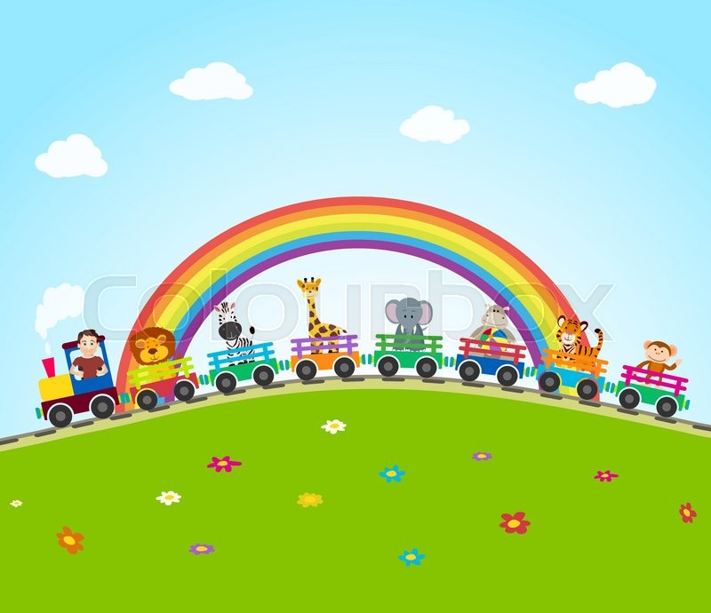 800x690 Cartoon Train On Railroad With Jungle Animals And Rainbow. Vector