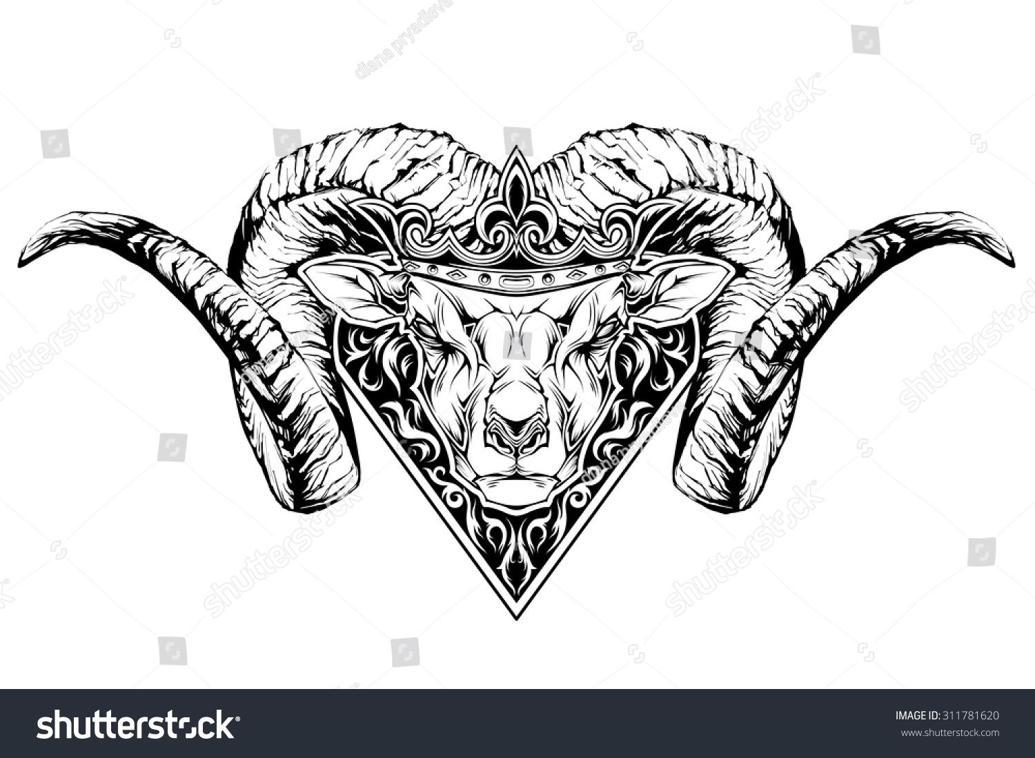 1500x1099 Black And White Tattoo Of A Ram Head In Crown. Vector Illustration