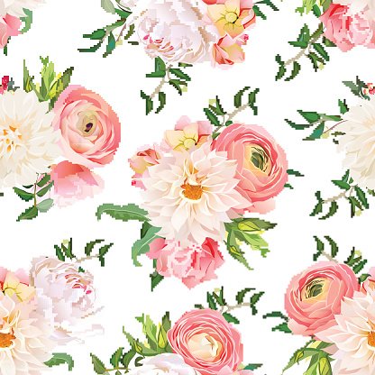 416x416 Dahlia, Ranunculus, Rose And Peony Seamless Vector Pattern Premium