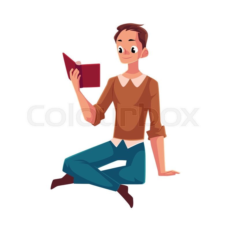 800x800 Young Man, Boy Reading Book Sitting On The Floor, Cartoon Vector