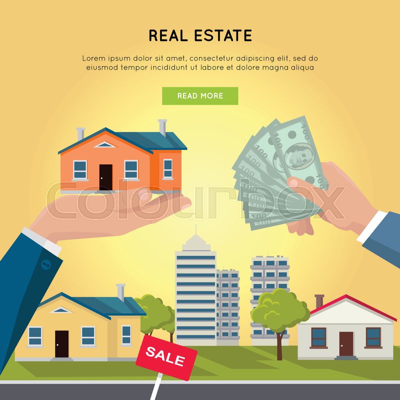 800x800 Real Estate Vector Web Banner. Flat Design. Hands With House And