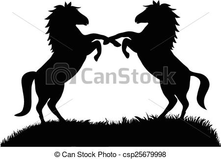 450x325 Vector, Silhouette Of Two Rearing Up Horses Against White Background.