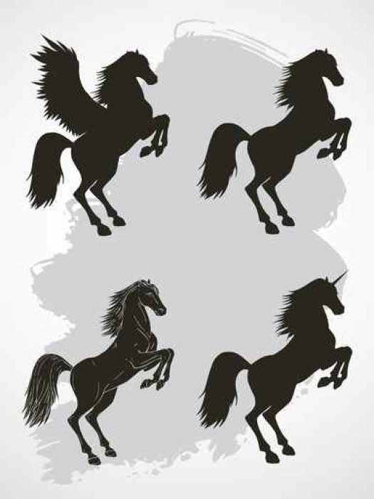 525x700 Vector Set Of Silhouettes Rearing Horse, Pegasus And Unicorn