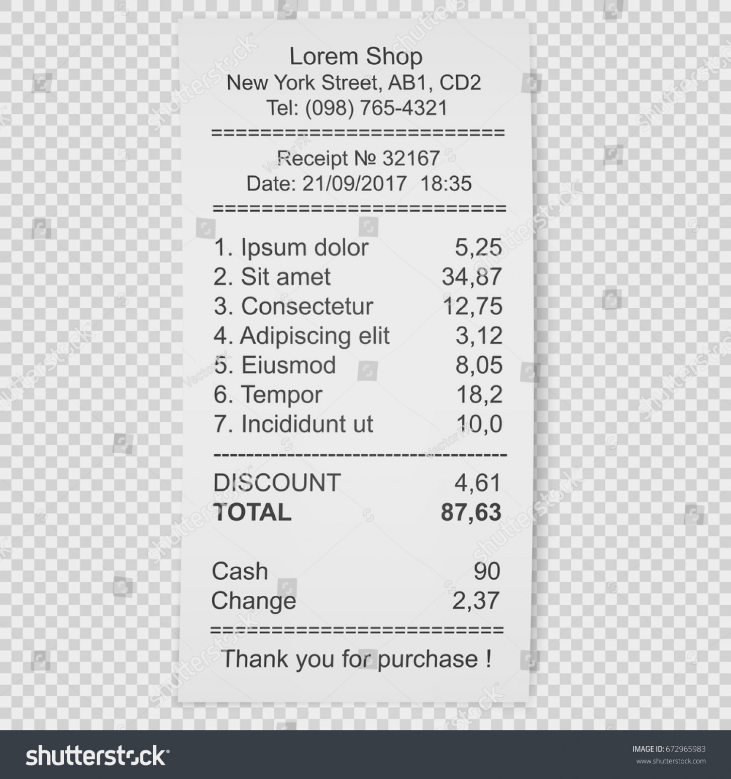 1455x1552 Paper Receipt Vector Illustration Shadow Isolated Stock Vector